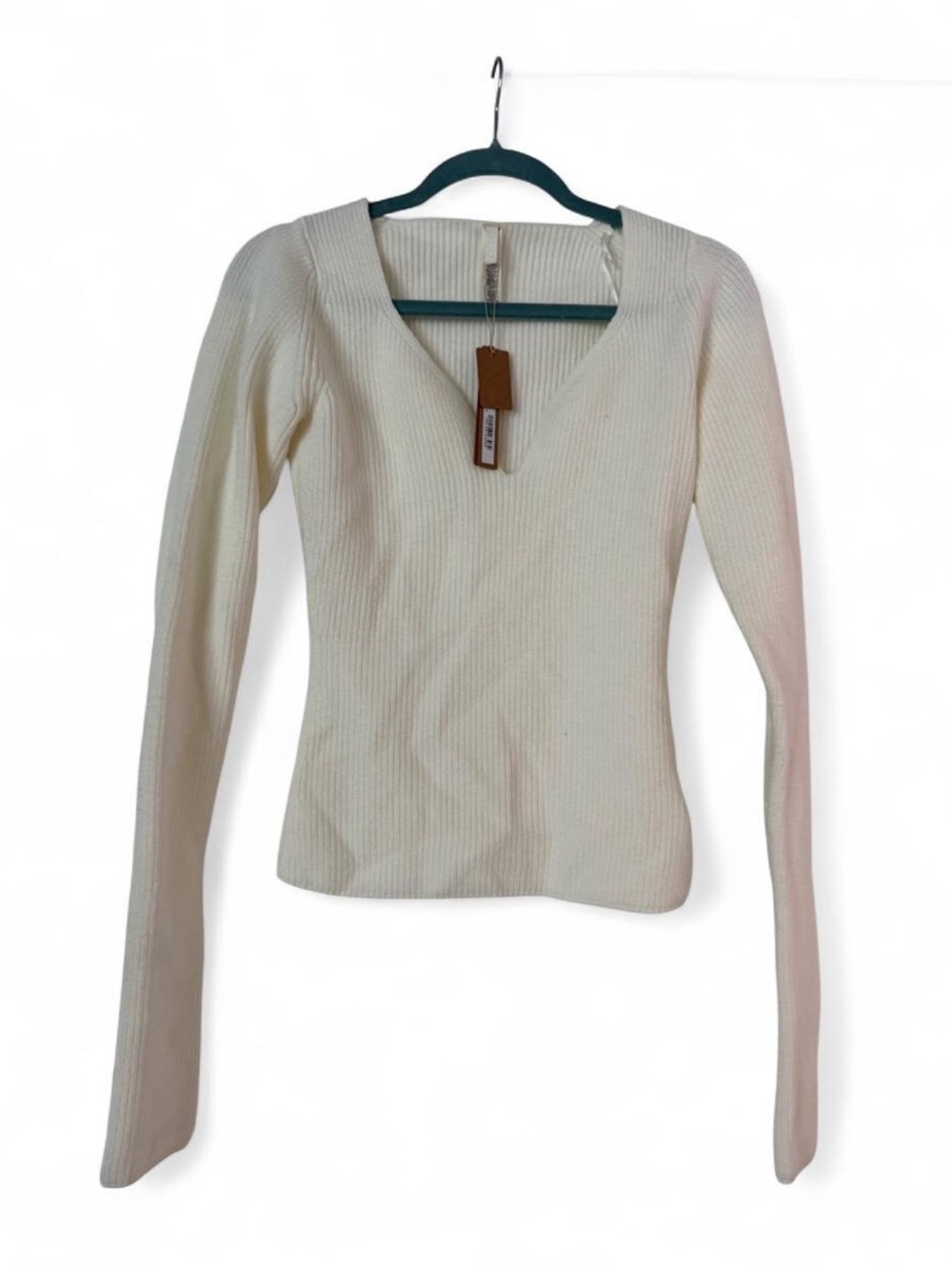 SKIMS Cream Ribbed V-Neck Long Sleeve Top